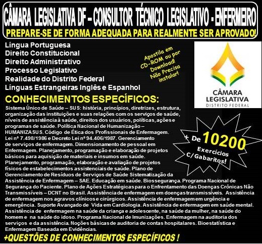 Apostila CAMARA LEGISLATIVA DF - CONSULTOR TÉCNICO LEGISLATIVO - ENFERMEIRO - Teoria + 10.200 Exercícios - Concurso 2018