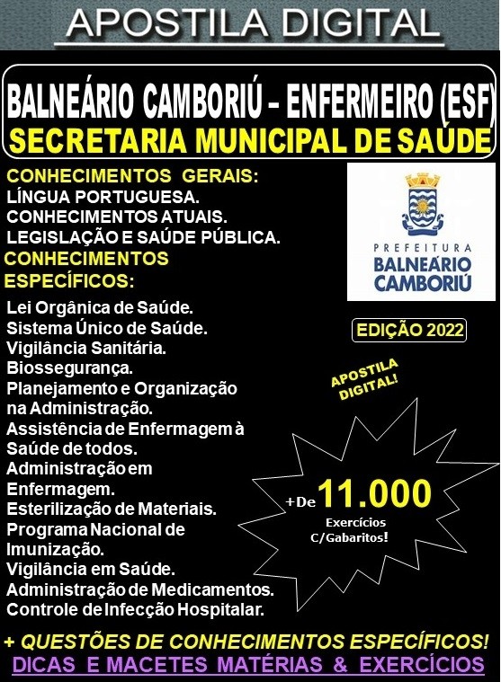 Apostila Prefeitura BALNEÁRIO CAMBORIÚ - ENFERMEIRO (ESF) - Teoria + 11.000 Exercícios - Concurso 2022