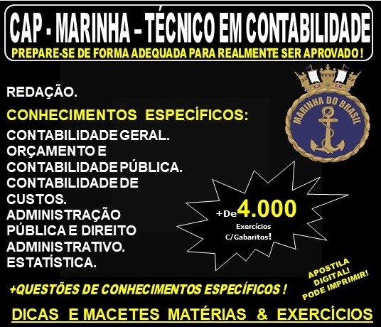 Apostila CAP - MARINHA - Técnico em CONTABILIDADE - Teoria + 4.000 Exercícios - Concurso 2020