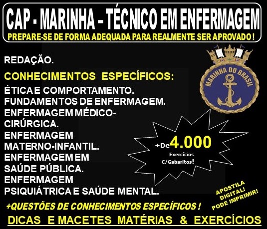 Apostila CAP - MARINHA - TÉCNICO em ENFERMAGEM - Teoria + 4.000 Exercícios - Concurso 2020