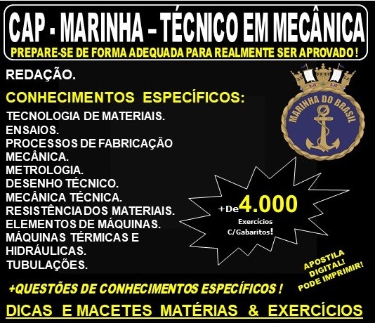 Apostila CAP - MARINHA - TÉCNICO em MECÂNICA - Teoria + 4.000 Exercícios - Concurso 2020