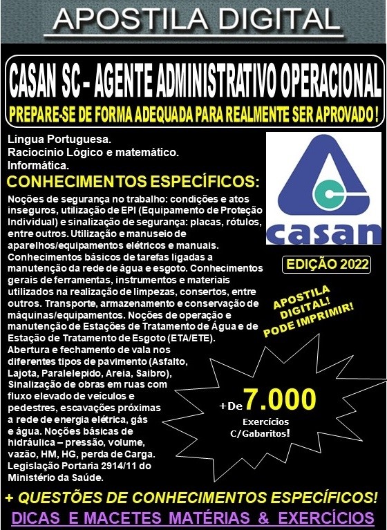 Apostila CASAN SC - AGENTE ADMINISTRATIVO OPERACIONAL - Teoria + 7.000 exercícios - Concurso 2022