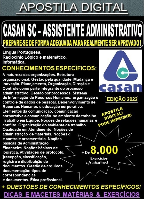 Apostila CASAN SC - ASSISTENTE ADMINISTRATIVO - Teoria + 8.000 exercícios - Concurso 2022