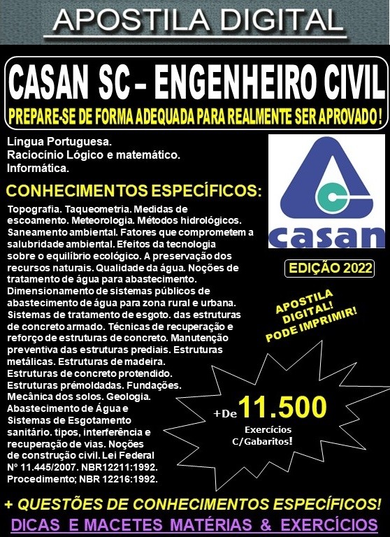 Apostila CASAN SC - ENGENHEIRO CIVIL - Teoria + 11.500 exercícios - Concurso 2022