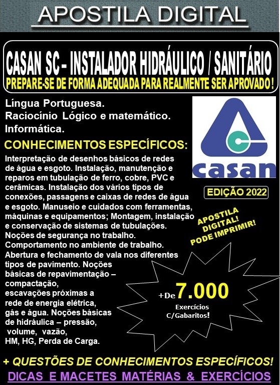 Apostila CASAN SC - INSTALADOR HIDRÁULICO / SANITÁRIO - Teoria + 7.000 exercícios - Concurso 2022