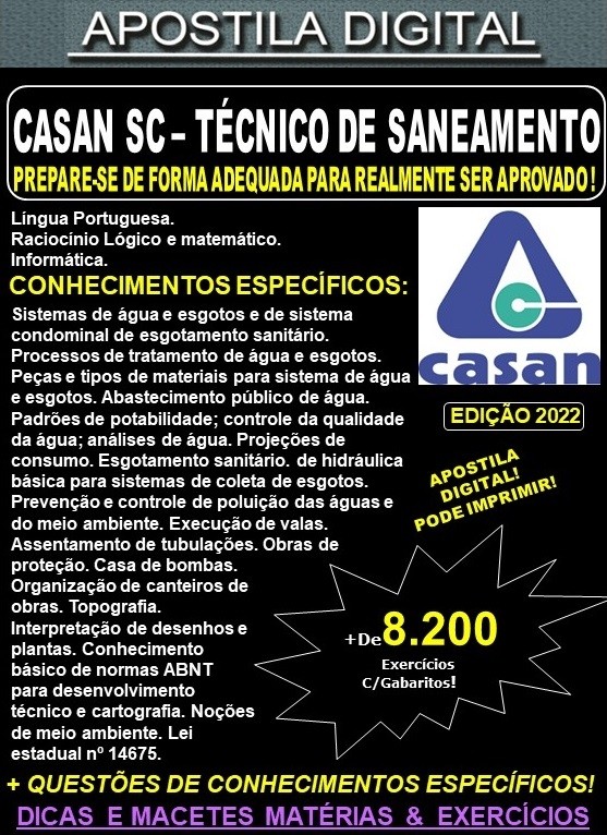 Apostila CASAN SC - TÉCNICO de SANEAMENTO - Teoria + 8.200 exercícios - Concurso 2022