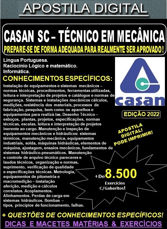 Apostila CASAN SC - TÉCNICO em MECÂNICA - Teoria + 8.500 exercícios - Concurso 2022