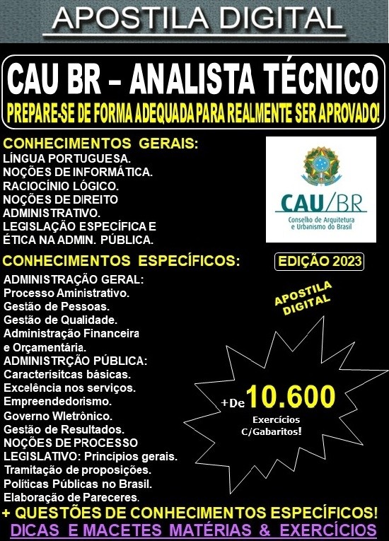 Apostila CAU BR - ANALISTA TÉCNICO - Teoria + 10.600 Exercícios - Concurso 2023