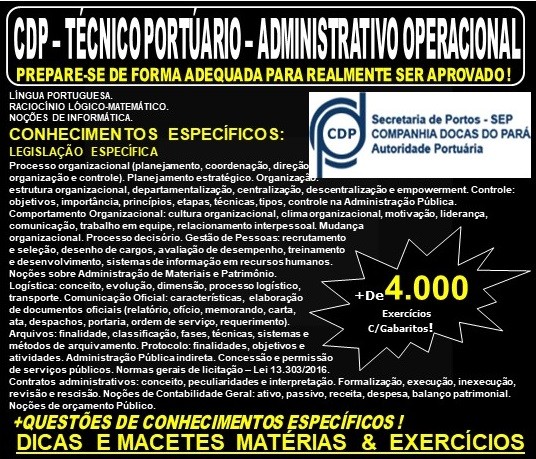 Apostila CDP - TECNICO PORTUÁRIO - ADMINSTRATIVO OPERACIONAL - Teoria + 4.000 Exercícios - Concurso 2019