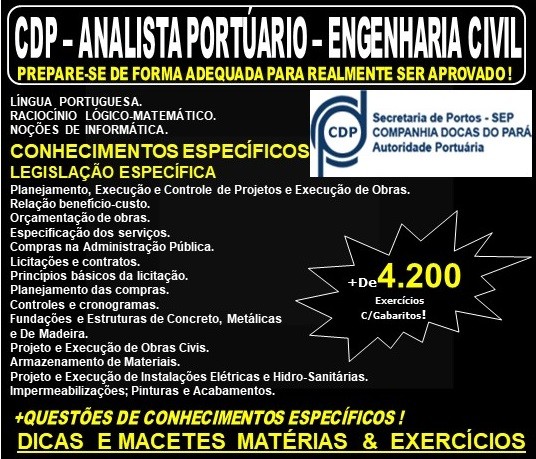 Apostila CDP - ANALISTA PORTUÁRIO - ENGENHARIA CIVIL - Teoria + 4.200 Exercícios - Concurso 2019