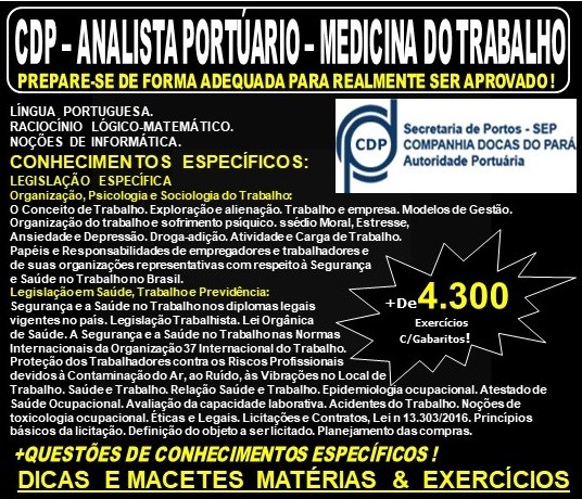 Apostila CDP - ANALISTA PORTUÁRIO - MEDICINA do TRABALHO - Teoria + 4.300 Exercícios - Concurso 2019