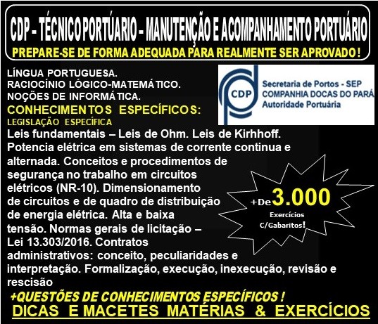 Apostila CDP - TECNICO PORTUÁRIO - MANUTENÇÃO E ACOMPANHAMENTO PORTUÁRIO - Teoria + 3.000 Exercícios - Concurso 2019