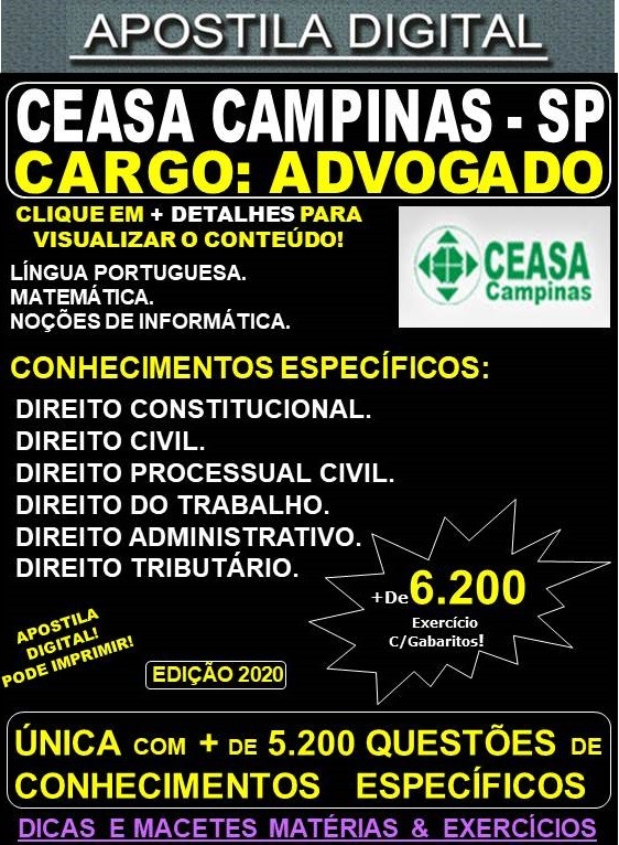 Apostila CEASA CAMPINAS SP - ADVOGADO - Teoria + 6.200 Exercícios - Concurso 2020