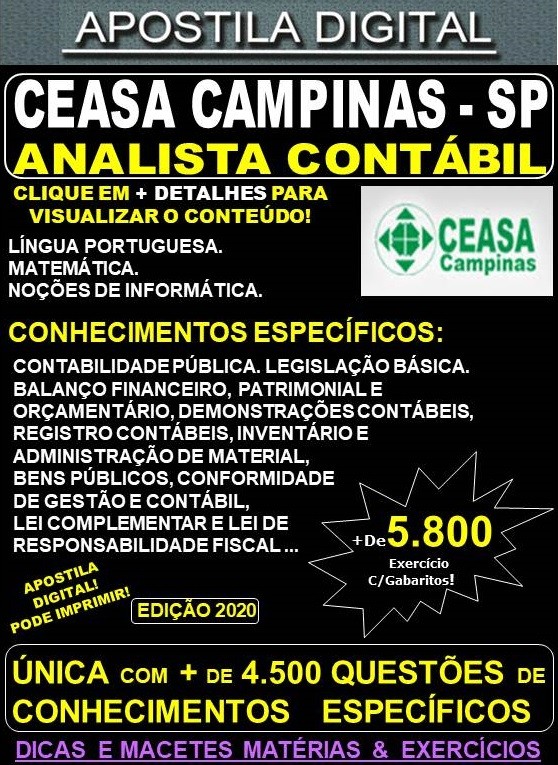 Apostila CEASA CAMPINAS SP - ANALISTA CONTÁBIL - Teoria + 5.800 Exercícios - Concurso 2020