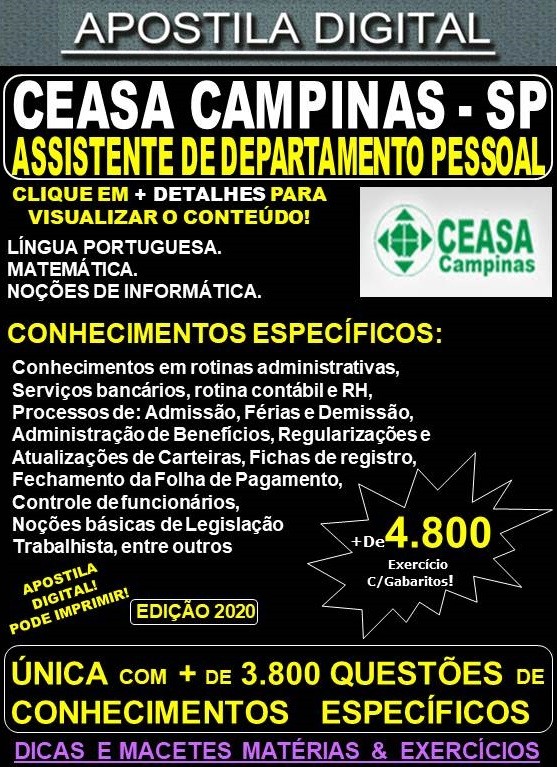 Apostila CEASA CAMPINAS SP - ASSISTENTE de DEPARTAMENTO PESSOAL - Teoria + 4.800 Exercícios - Concurso 2020