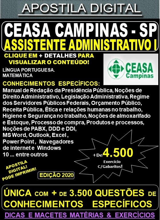 Apostila CEASA CAMPINAS SP - ASSISTENTE ADMINISTRATIVO I - Teoria + 4.500 Exercícios - Concurso 2020
