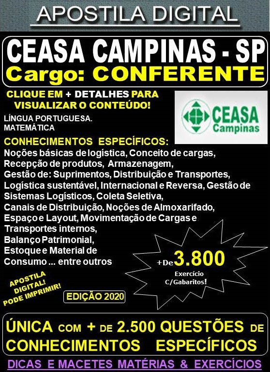 Apostila CEASA CAMPINAS SP -  CONFERENTE - Teoria + 3.800 Exercícios - Concurso 2020