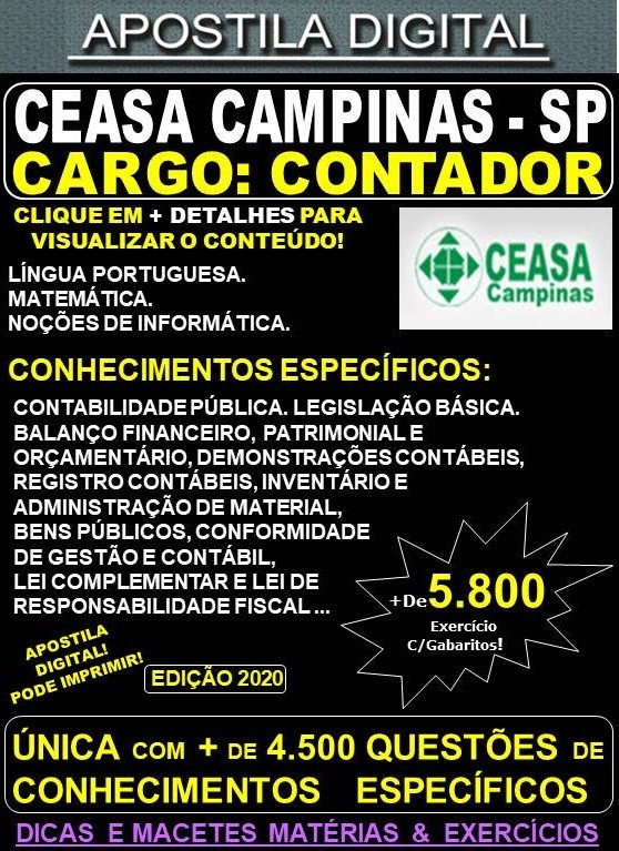 Apostila CEASA CAMPINAS SP - CONTADOR - Teoria + 5.800 Exercícios - Concurso 2020
