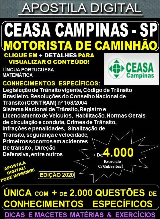 Apostila CEASA CAMPINAS SP - MOTORISTA de CAMINHÃO - Teoria + 4.000 Exercícios - Concurso 2020