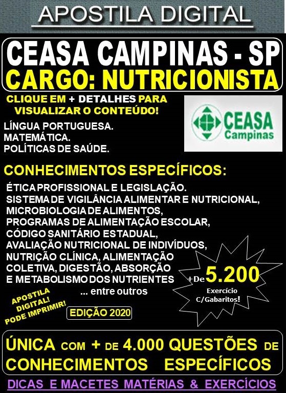 Apostila CEASA CAMPINAS SP - NUTRICIONISTA - Teoria + 5.200 Exercícios - Concurso 2020