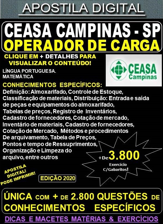 Apostila CEASA CAMPINAS SP - OPERADOR de CARGA - Teoria + 3.800 Exercícios - Concurso 2020