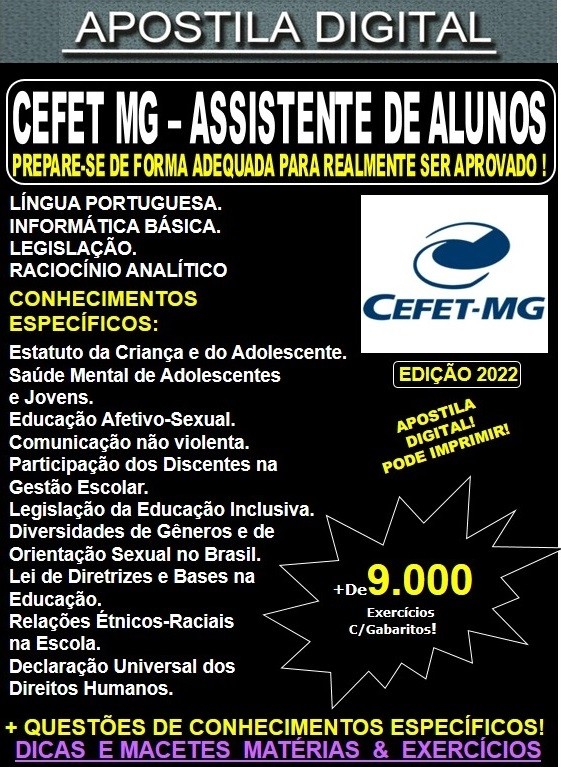 Apostila CEFET MG - ASSISTENTE DE ALUNOS  - Teoria + 9.000 Exercícios - Concurso 2022