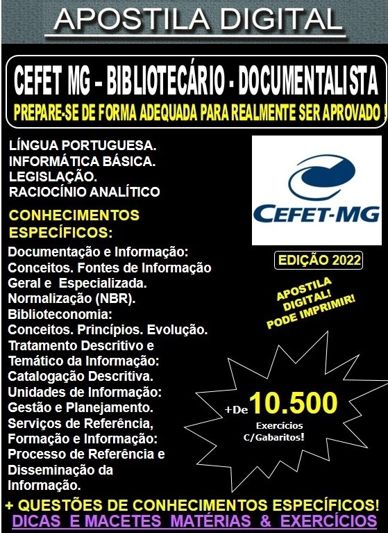 Apostila CEFET MG - BIBLIOTECÁRIO-DOCUMENTALISTA  - Teoria + 10.500 Exercícios - Concurso 2022