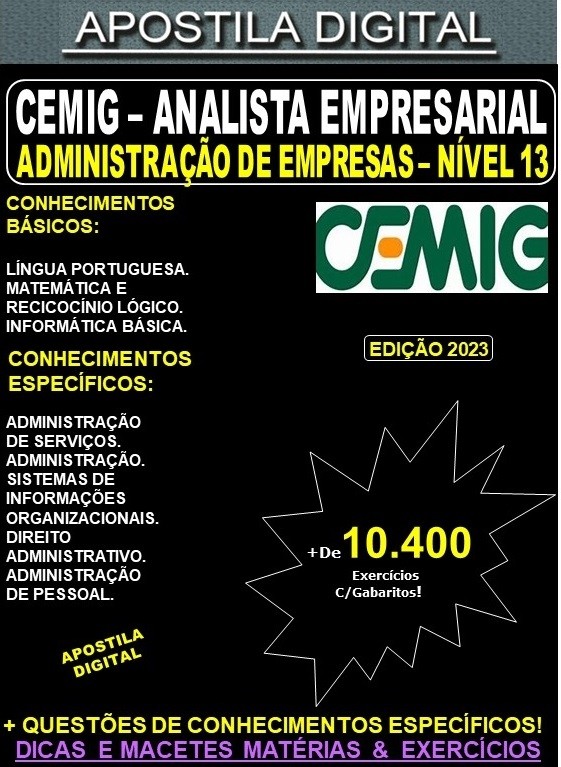 Apostila CEMIG - Analista Empresarial - ADMINISTRAÇÃO de EMPRESAS NÍVEL 13 - Teoria + 10.400 Exercícios - Concurso 2023