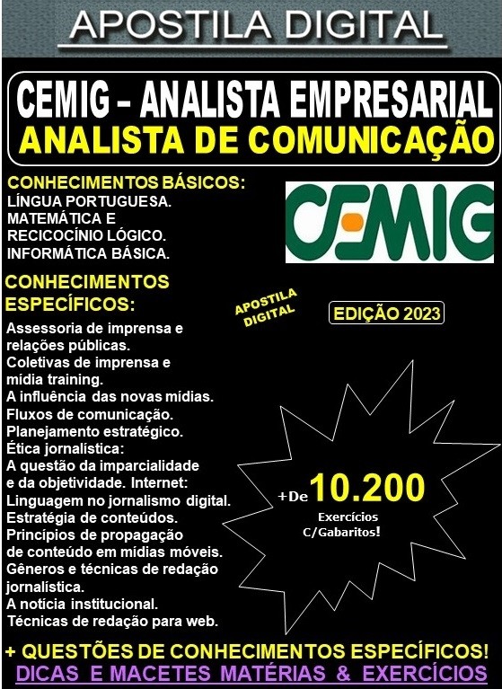 Apostila CEMIG - Analista Empresarial - ANALISTA de COMUNICAÇÃO - Teoria + 10.200 Exercícios - Concurso 2023