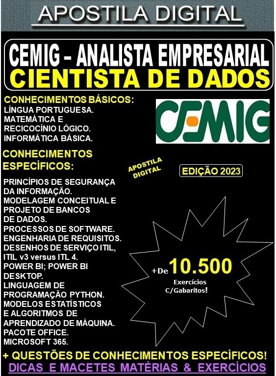 Apostila CEMIG - Analista Empresarial - CIENTISTA de DADOS - Teoria + 10.500 Exercícios - Concurso 2023