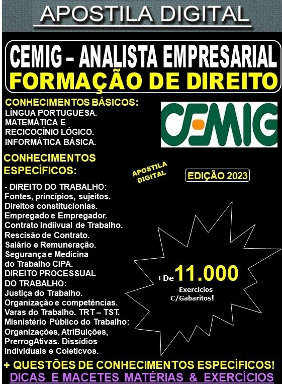 Apostila CEMIG - Analista Empresarial - FORMAÇÃO de DIREITO - Teoria + 11.000 Exercícios - Concurso 2023