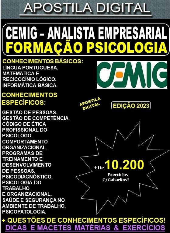 Apostila CEMIG - Analista Empresarial - PSICOLOGIA - Teoria + 10.200 Exercícios - Concurso 2023