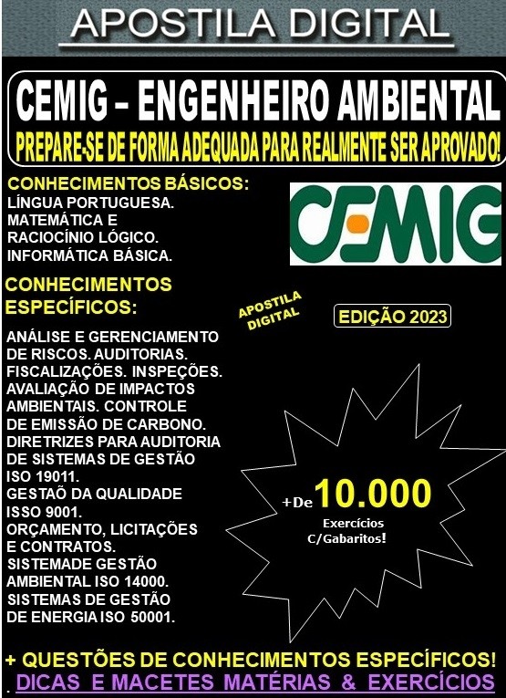 Apostila CEMIG - ENGENHEIRO AMBIENTAL - Teoria + 10.000 Exercícios - Concurso 2023