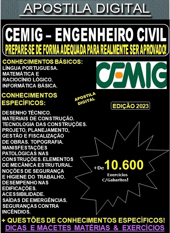 Apostila CEMIG - ENGENHEIRO CIVIL - Teoria + 10.600 Exercícios - Concurso 2023