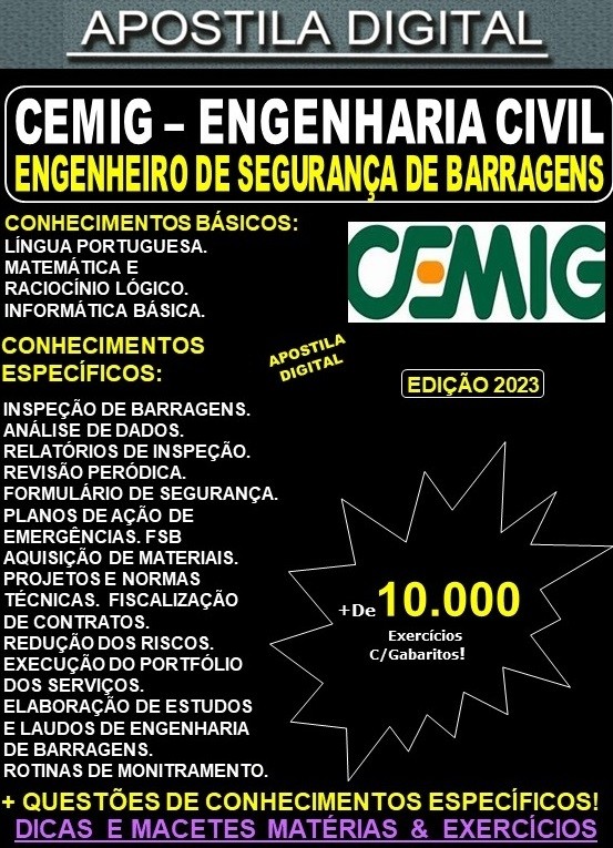 Apostila CEMIG - ENGENHEIRO de SEGURANÇA de BARRAGENS - Teoria + 10.000 Exercícios - Concurso 2023