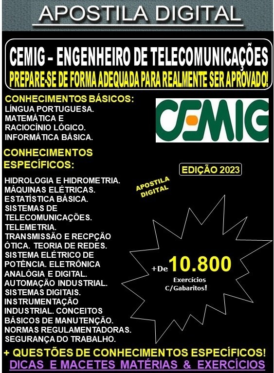 Apostila CEMIG - ENGENHEIRO de TELECOMUNICAÇÕES  - Teoria + 10.800 Exercícios - Concurso 2023
