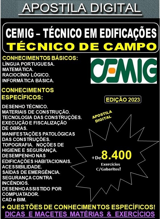 Apostila CEMIG - TÉCNICO de CAMPO - EDIFICAÇÕES - Teoria + 8.400 Exercícios - Concurso 2023