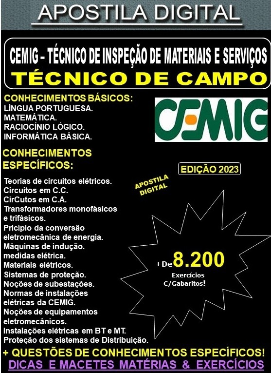 Apostila CEMIG - TÉCNICO de CAMPO - INSPEÇÃO de MATERIAIS e SERVIÇOS - Teoria + 8.200 Exercícios - Concurso 2023