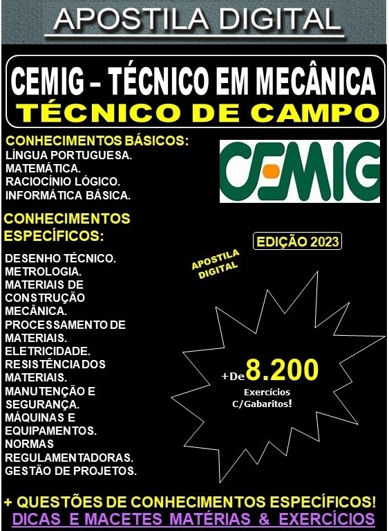 Apostila CEMIG - TÉCNICO de CAMPO - MECÂNICA  - Teoria + 8.200 Exercícios - Concurso 2023