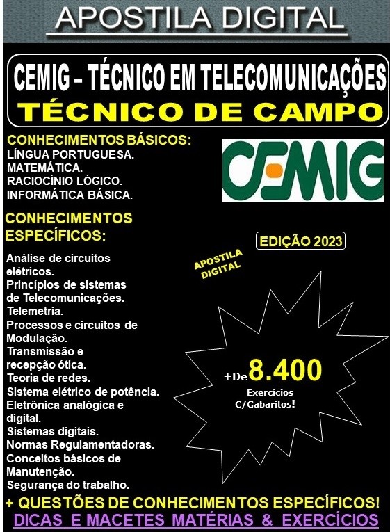 Apostila CEMIG - TÉCNICO de CAMPO - TELECOMUNICAÇÕES  - Teoria + 8.400 Exercícios - Concurso 2023