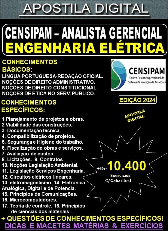 Apostila CENSIPAM - Analista Gerencial - ENGENHARIA ELÉTRICA - Teoria + 10.400 Exercícios - Concurso 2024