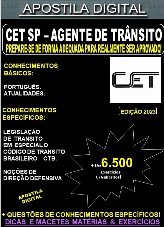Apostila CET SP -  AGENTE de TRÂNSITO - Teoria + 6.500 Exercícios - Concurso 2023