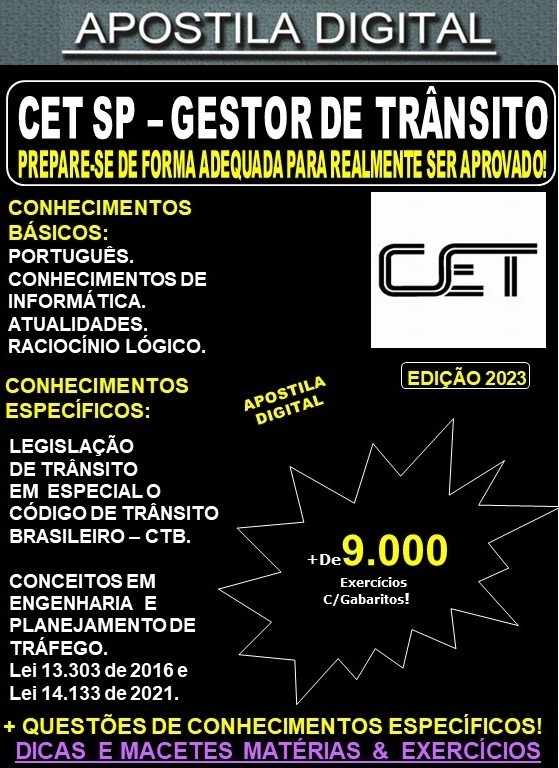 Apostila CET SP -  GESTOR de TRÂNSITO - Teoria + 9.000 Exercícios - Concurso 2023