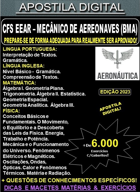 Apostila AERONÁUTICA CFS EEAR - MECÂNICO de AERONAVES (BMA) - Teoria + 6.000 Exercícios - Concurso 2024-25