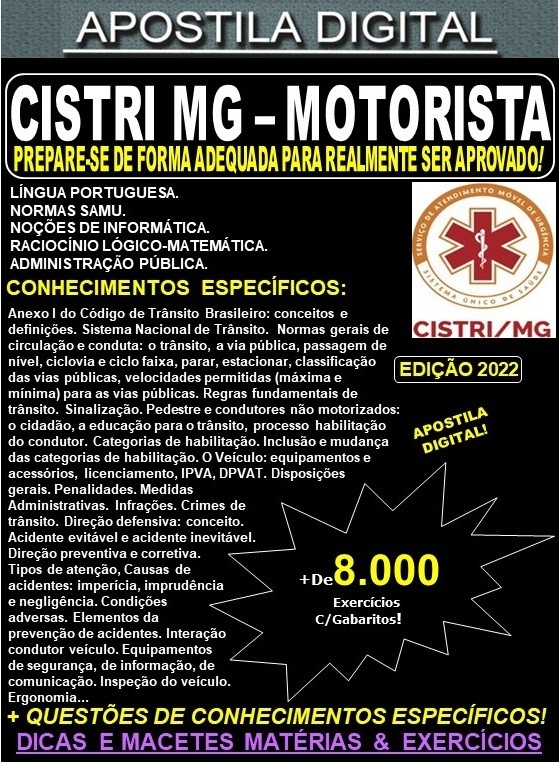 Apostila CISTRI SAMU MG - MOTORISTA - Teoria + 8.000 Exercícios - Concurso 2022