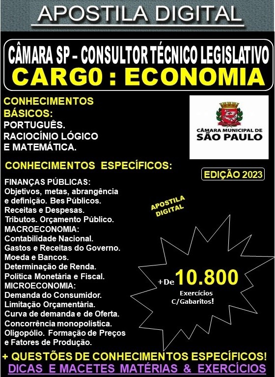 Apostila CÂMARA SP - Consultor Técnico Legislativo - ECONOMIA - Teoria + 10.800 Exercícios - Concurso 2023
