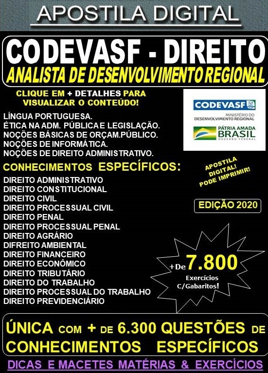 Apostila CODEVASF  Analista de Desenvolvimento Regional - DIREITO  - Teoria + 7.800 Exercícios - Concurso 2021