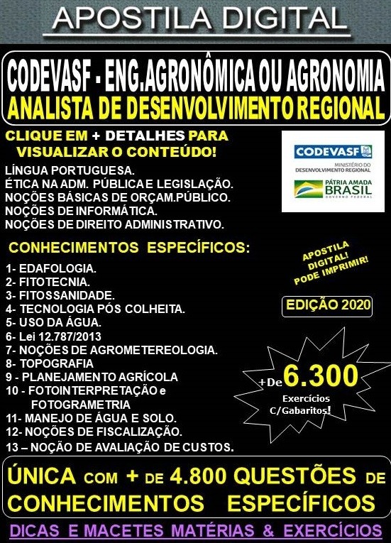 Apostila CODEVASF  Analista de Desenvolvimento Regional - ENGENHARIA AGRONÔMICA  - Teoria + 6.300 Exercícios - Concurso 2021