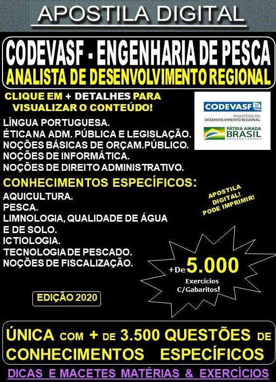 Apostila CODEVASF  Analista de Desenvolvimento Regional - ENGENHARIA DE PESCA  - Teoria + 5.000 Exercícios - Concurso 2021