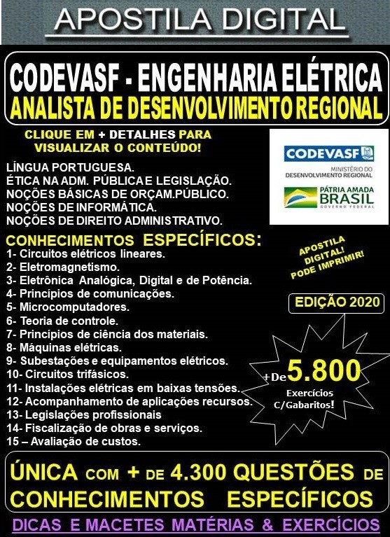 Apostila CODEVASF  Analista de Desenvolvimento Regional - ENGENHARIA ELÉTRICA  - Teoria + 5.800 Exercícios - Concurso 2021